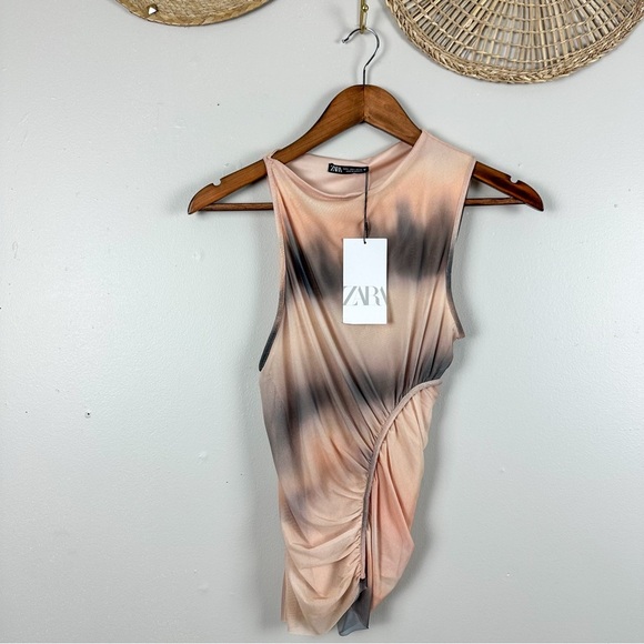 ZARA Asymmetrical Sleeveless Tie Dye Tulle Burnout Mesh Crop Sunset Tank Top - Picture 5 of 9
